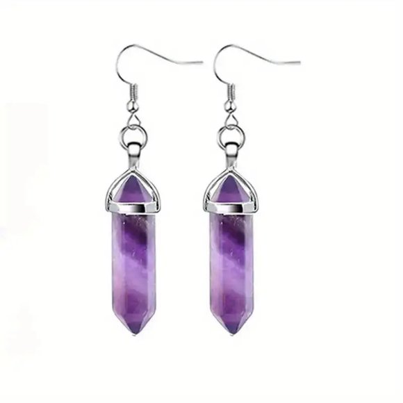 Amethyst Natural Stone Gemstone Handmade Hexagon Point Dangle Earrings - Picture 2 of 2